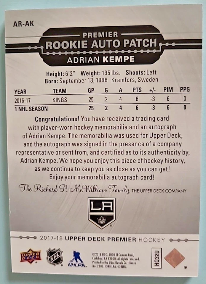 2017-18 Adrian Kempe Upper Deck Premiere Rookie Jersey Auto Patch RPA RC /299 - Image 2 of 2