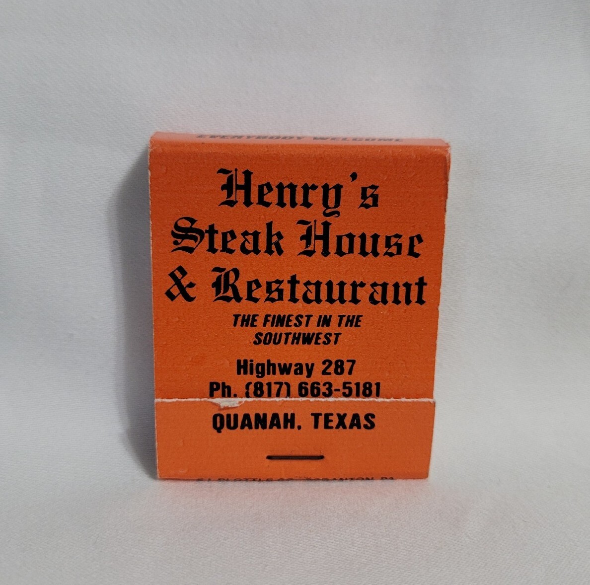 Vintage Henry's Steak House Restaurant Matchbook Quanah Texas