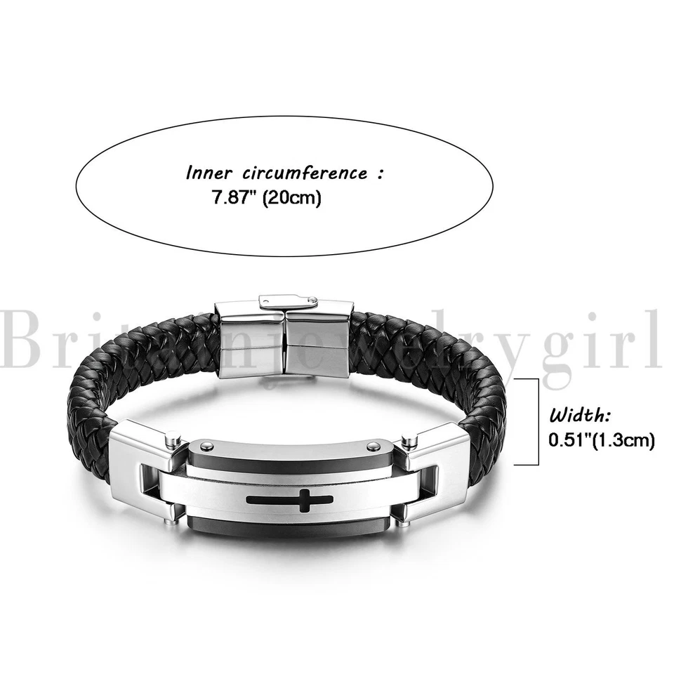 Pulsera Brazalete Religioso Cruz Cuero Trenzado Acero Inoxidable para Hombre Foto 2 de 4