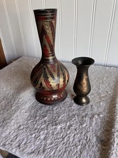 Vintage India Brass Vases; Black, Red, & Gold 7" tall; mini brass vase is 3.75"