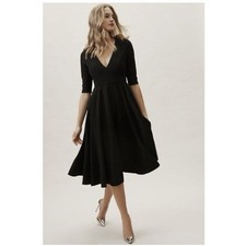 BHLDN Anthropologie Valdis Black V-Neck 3/4 Sleeve Tea Length Midi Dress 4 NWT