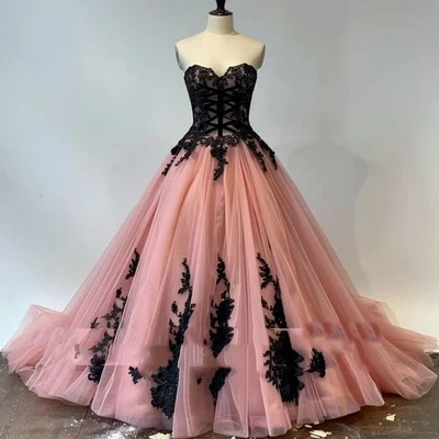 Schwarze Spitze Brautkleid Blush Rosa Strapless Lang Schleppe Hochzeitskleid - Bild 1 von 4