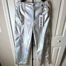 Almost Famous Y2K Silver Metallic Faux Leather Cargo Skater Pants M Pockets New