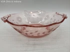 Depression Glass Pink Handled Bowl Etched Floral Starburst Pattern Vintage