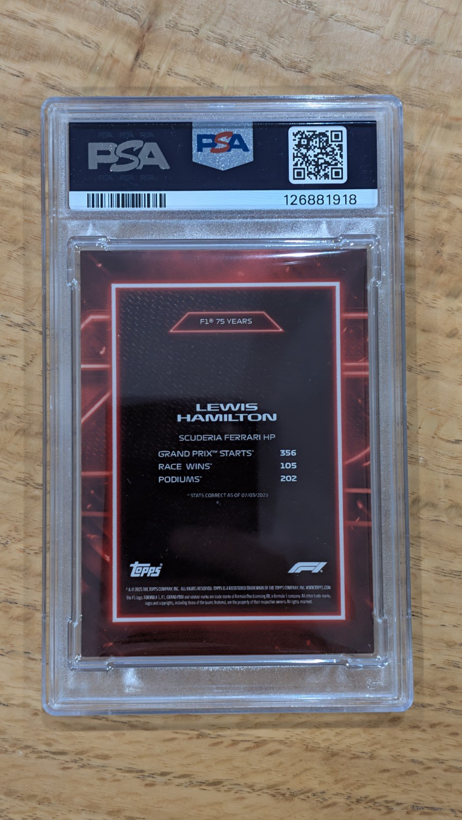 2025 Topps F1 Lights Out Lewis Hamilton Red 2/5 F175 PSA 9 view 2