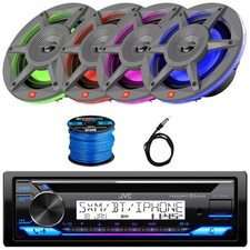 JVC Marine Receiver, 4x 6.5" 300W RGB LED Gray Speakers, Antenna, Speaker Wire