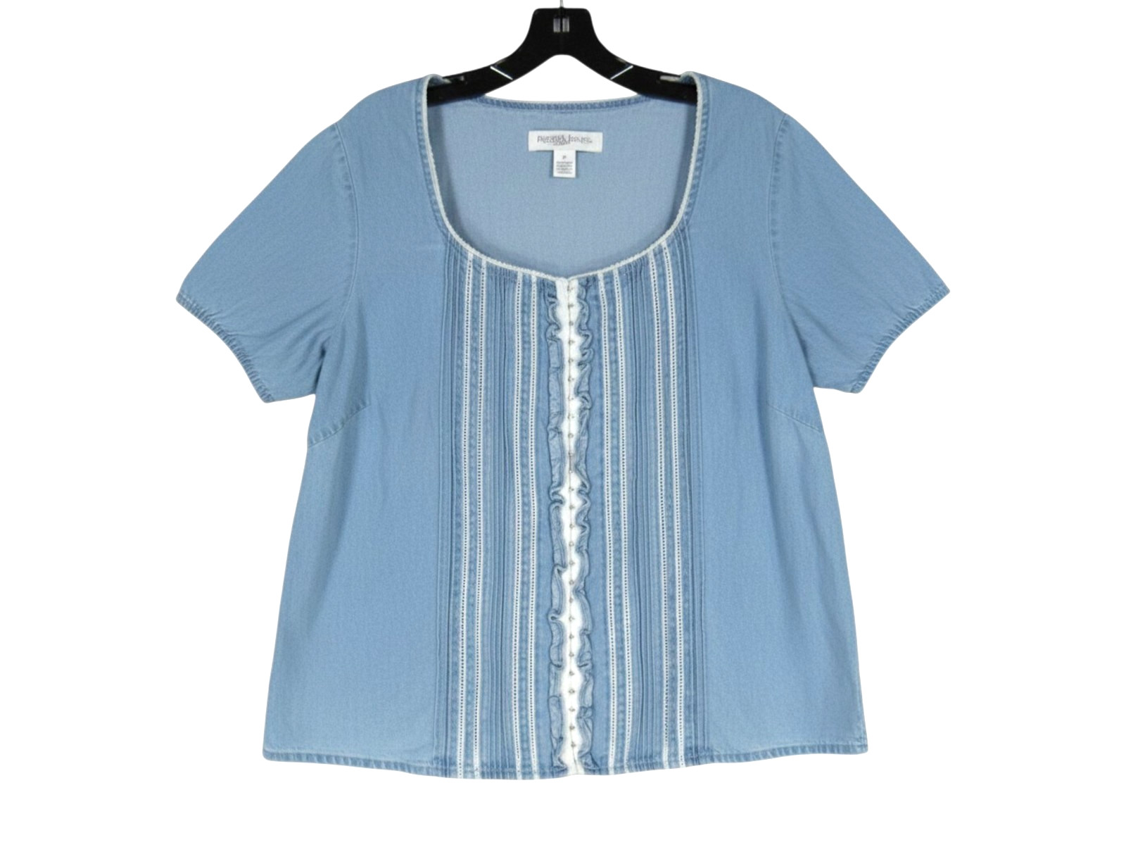 VTG VICTORIA JONES Blue DENIM White Eyelets RUFFLE Hook & Eye SHIRT/TOP Sz 1X