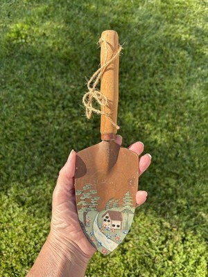 Primitive Hand Garden Trowel w/ Wooden Handle, Painted House Scene, Small
