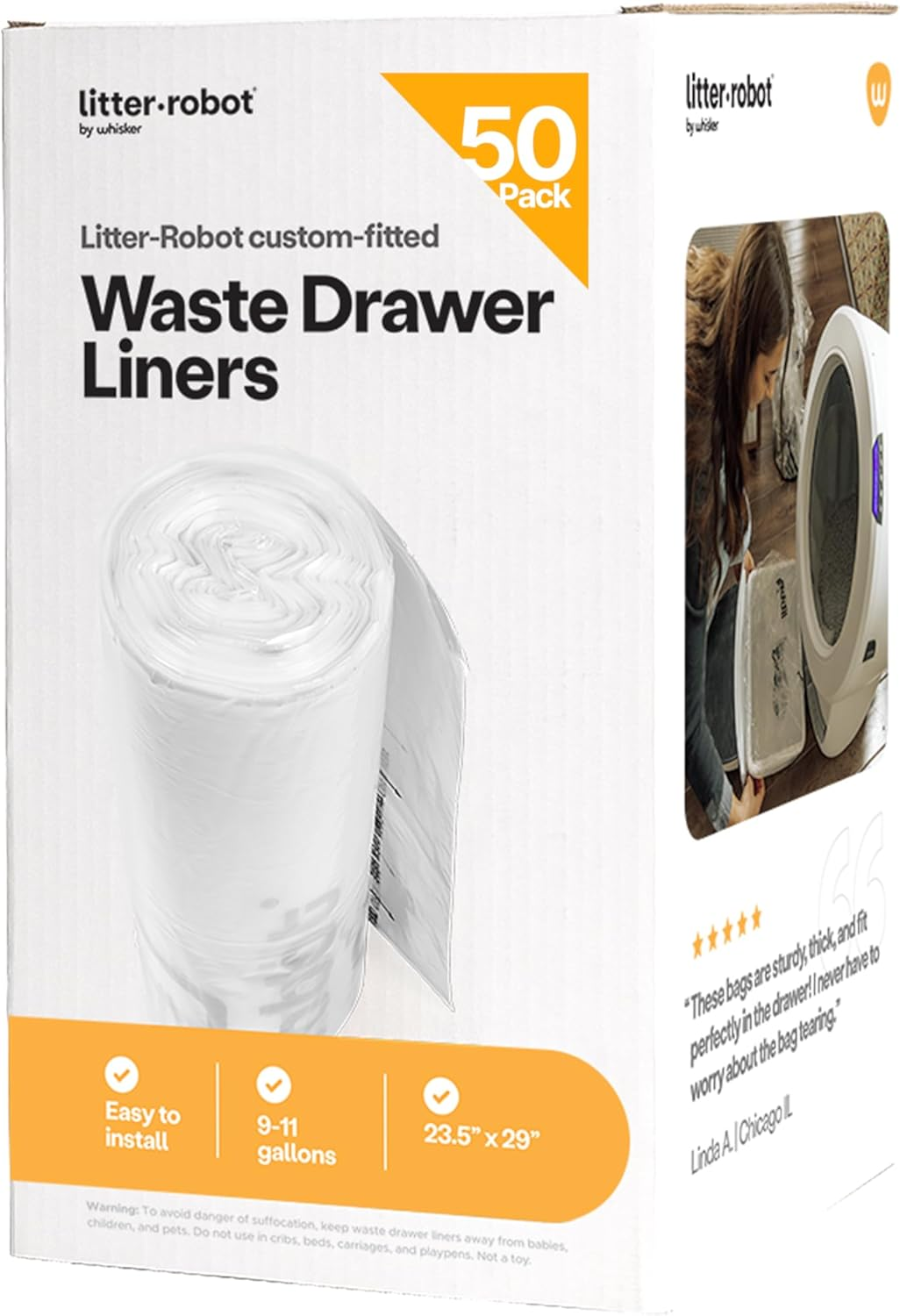 Litter-Robot Waste Drawer Liners by Whisker, 50 Pack - Litter Box Liner Bags, Cu