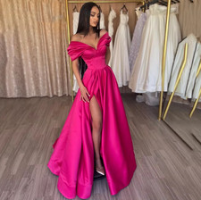 Elegant Pleats Prom Gown Satin Side Slit Evening Dress Off Shoulder Party Prom