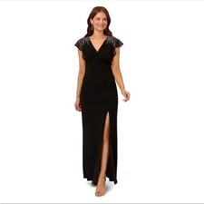 Adrianna Papell Black Beaded Flutter Sleeve Maxi Dress Front Slit Evening Gown 4