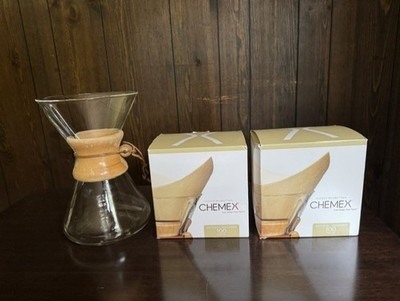 Vintage Chemex Pyrex Green Stamp 8 Cup Pour Over Coffee Maker w Filters 9.5'' USA