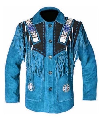 Herren Western Blau Wildleder Lederjacke Rodeo Stil Fransen & Perlen Arbeit