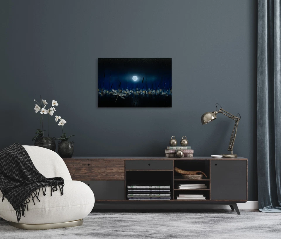 Arte de pared en lienzo libélula crepúsculo 36x24 - arte de hierbas botánicas luz de luna Foto 3 de 4