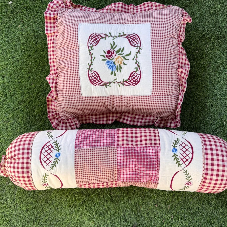 Quilted Pillow Set Embroidered Floral Accent Decorative Pillows Cottagecore - Image 3 of 4