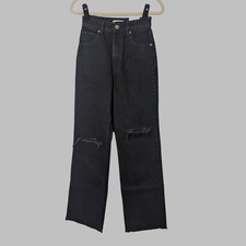 New Zara Black High Rise Full Length Wide Leg Jeans Size 2 Raw Hem Knee Holes