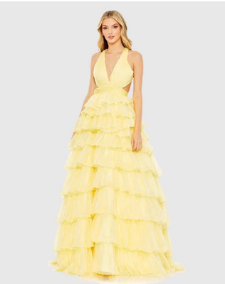NEW MAC DUGGAL [ 12 ] 67988 Chiffon Layered Cut Out Ballgown Lemon Yellow J1178