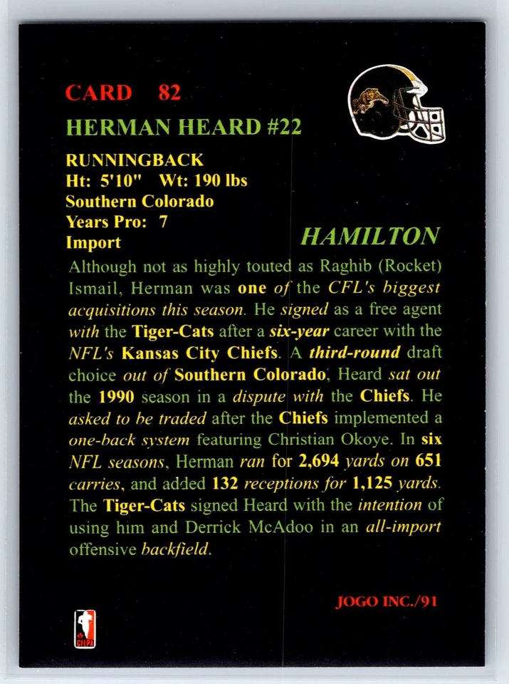 1991 JOGO CFL Herman Heard Hamilton Tiger-Cats #82 - Image 2 of 2