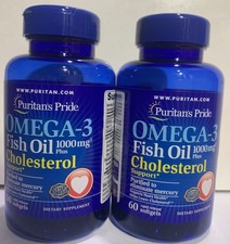 2x Puritan's Pride Omega-3 Fish Oil Plus Cholesterol Support - 60 Softgels
