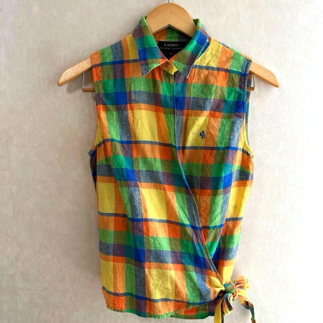 Rare 90s Vintage Lauren Ralph Lauren Linen Madras Check Wrap Shirt Size 6