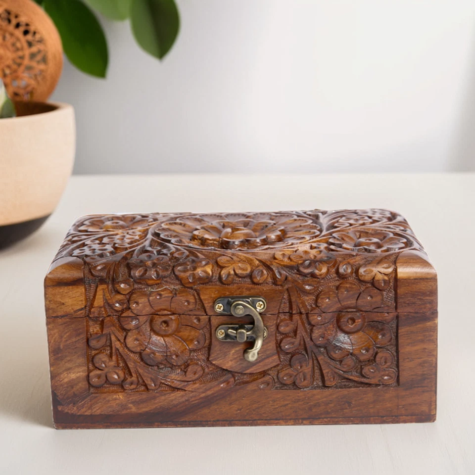 Set of 3 Carved Wooden Boxes – Handmade Floral Design, Elegant Storage - Image 2 of 4
