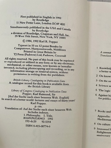 In Search of a Better World Lectures & Essays from Thirty Years Karl Popper 1992 - Picture 5 of 5