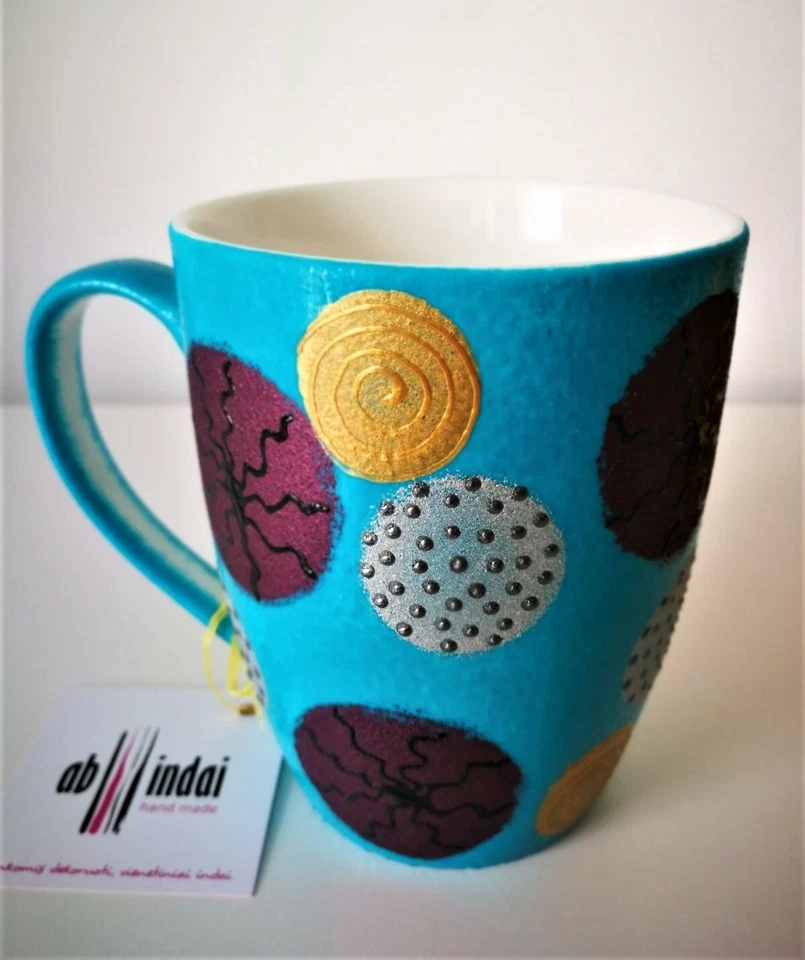 Taza de té o café porcelana color turquesa pintada a mano "Burbujas" Foto 2 de 4