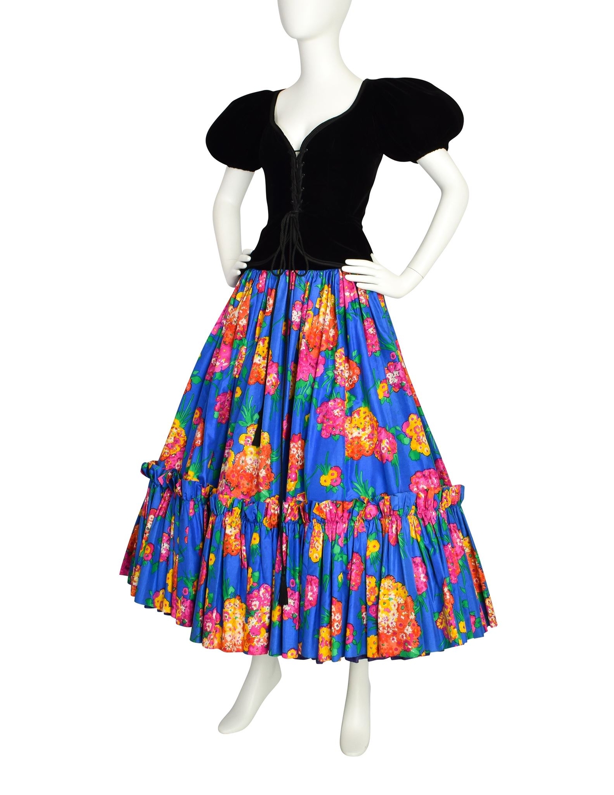 Yves Saint Laurent Vintage Corsetto Velluto Nero Top e Gonna Seta Floreale Blu Se
