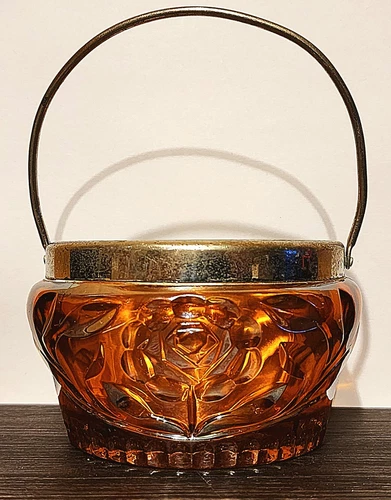 CARNIVAL GLASS DAVANN HOVMANTORPS SWEDEN HANDLE & TOP ENCASED METAL amber pink