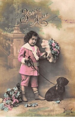 Hunde - Nr. 71353 - Frohes neues Jahr - Mädchen an der Leine Dackel
