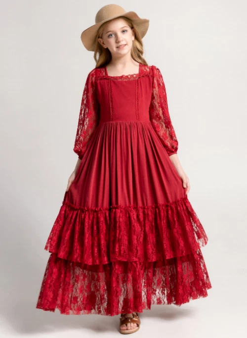 Girls Lace Long Sleeve Lace Dress Teenage Kids Princess Party Costumes Clothing - Image 4 of 4