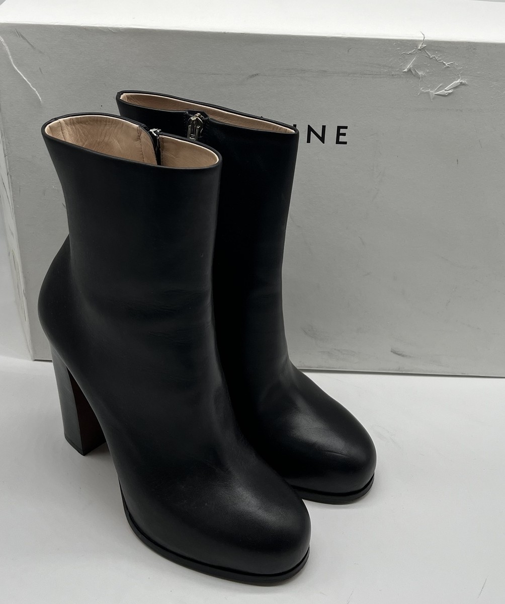 CÉLINE ブラックヒール38 Celine Black Leather Mid-Calf Block-Heel Bootie w/ Inner Zip