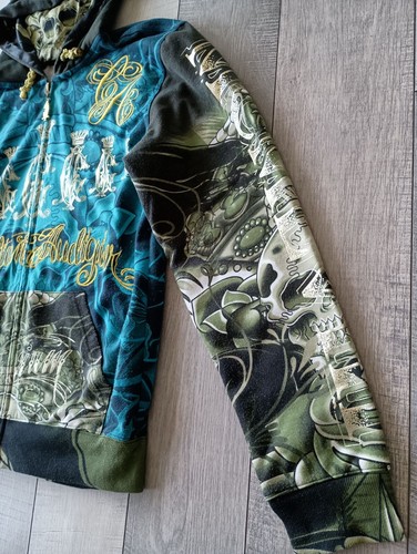 Christian Audigier Hoodie Blue Gold Crown Skull hoodie embroidery White Hardy XL - Picture 4 of 13