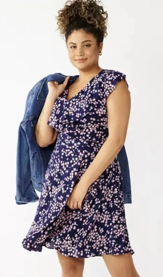 VETEMENTS Abito Draper James RSVP nuovo con etichette volant floreale avvolgente rosa navy floreale taglia M