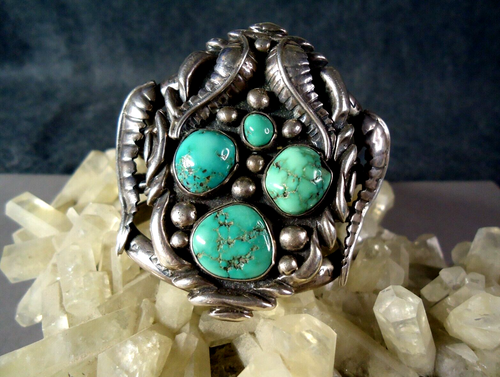 Heavy Sterling Silver & Turquoise Unsigned Native American Cuff Bracelet, 134.7g - Picture 2 of 10