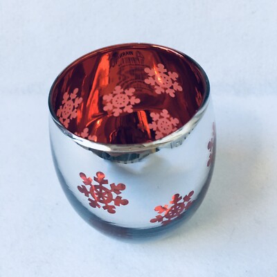 Mirror Glass Ball Candle Holder w Snowflakes Print Red/Silver H-245-201