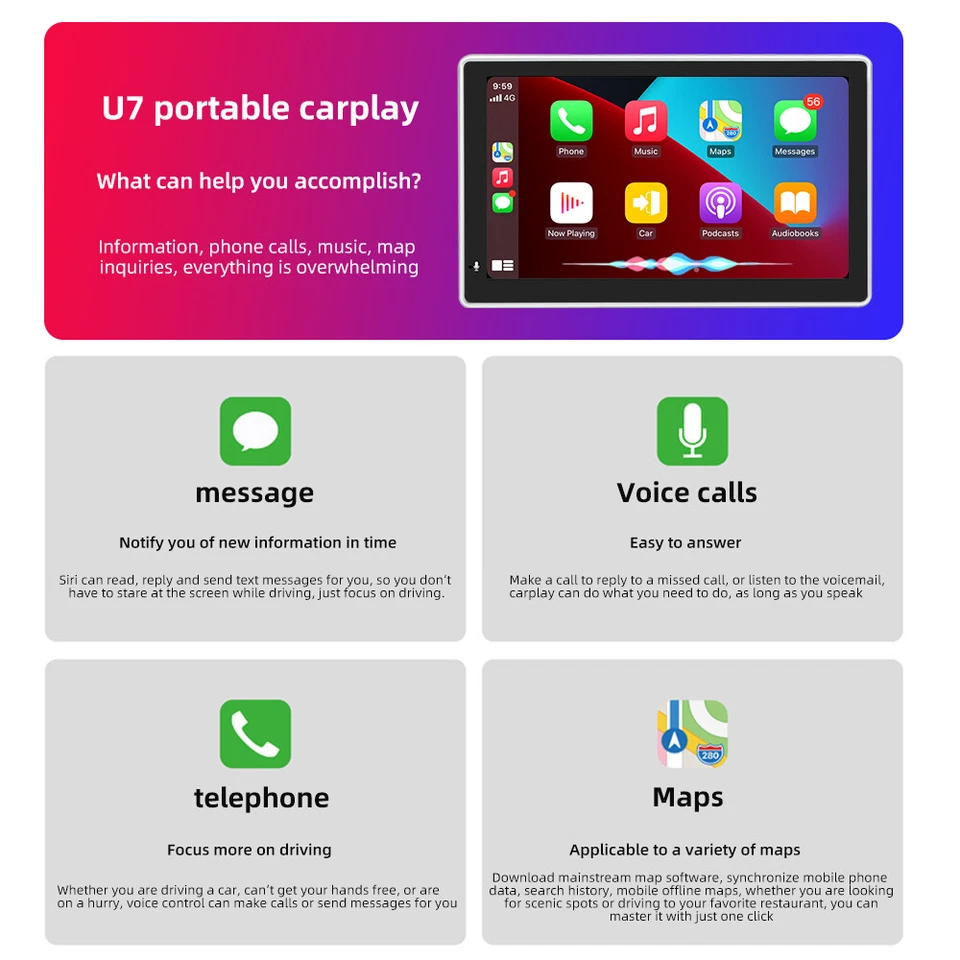 7" Car Apple Carplay Andriod Auto Stereo Touch Screen Car Radio MP5 Player BT - Image 2 of 4