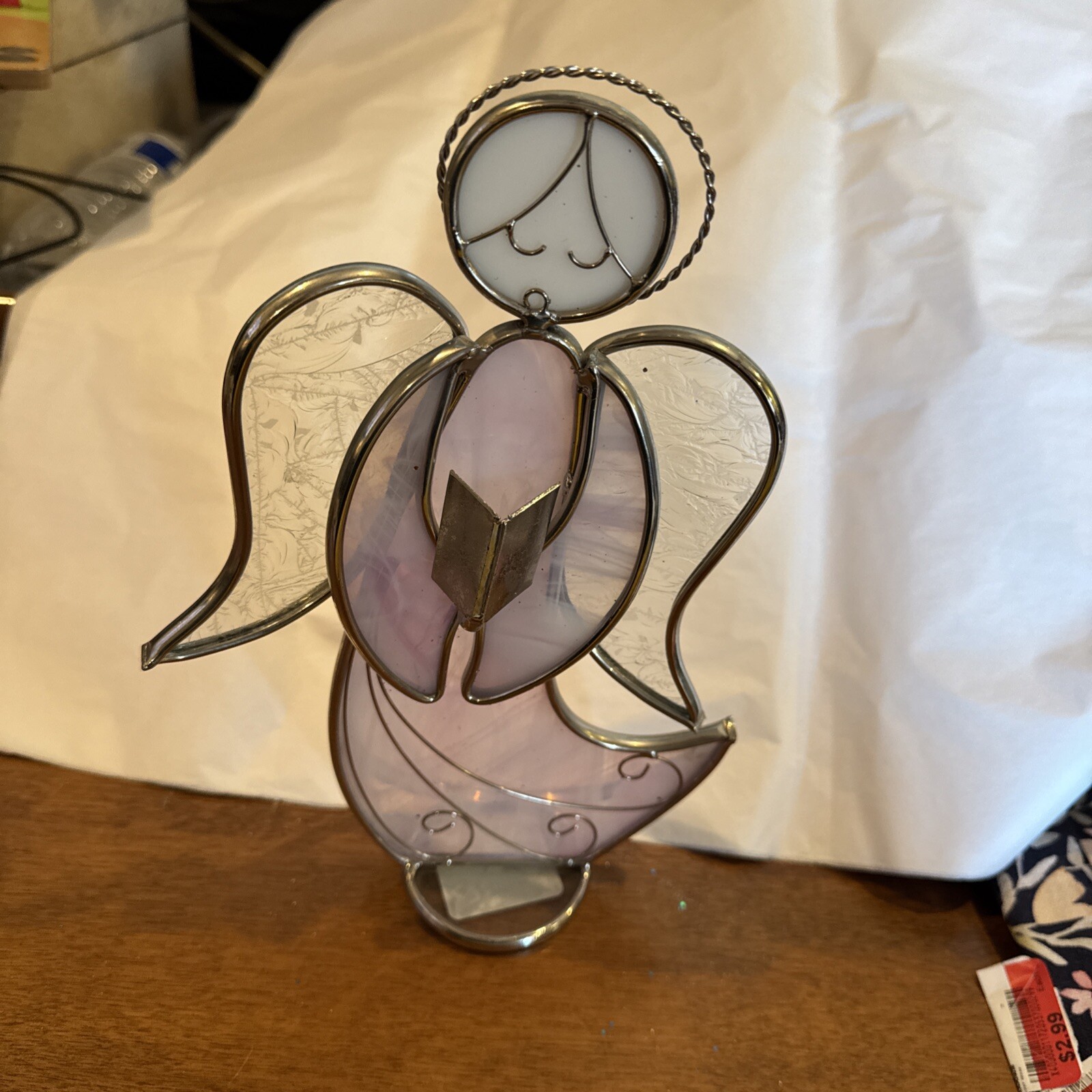 Free Standing Pink  and White Stained Glass Singing ANGEL Figurine 10’’