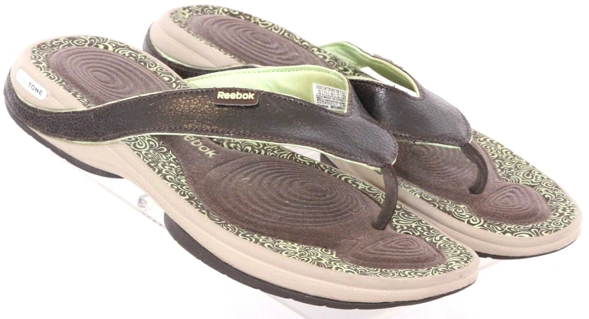 Reebok Easy-Tone Brown Leather Slip-On Thong Sandal Shoes Women&#039;s 10 | eBay