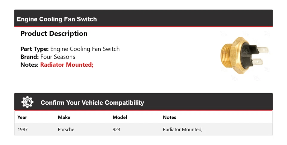 For 1987 Porsche 924 Engine Cooling Fan Switch 4 Seasons - Image 2 of 4
