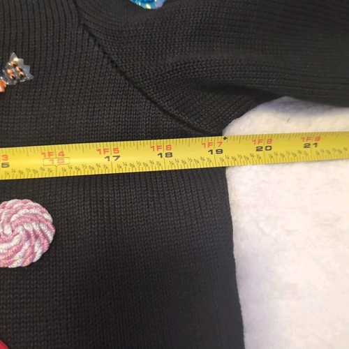 Michael Simon Christmas Candy Sweater Cardigan Size Medium Black Beaded Ramie - Picture 8 of 9