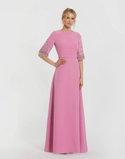 Mac Duggal 2270 Pink Crepe A Line Gown With Beaded 3/4 Sleeves Sz 6 AS IS FLAW