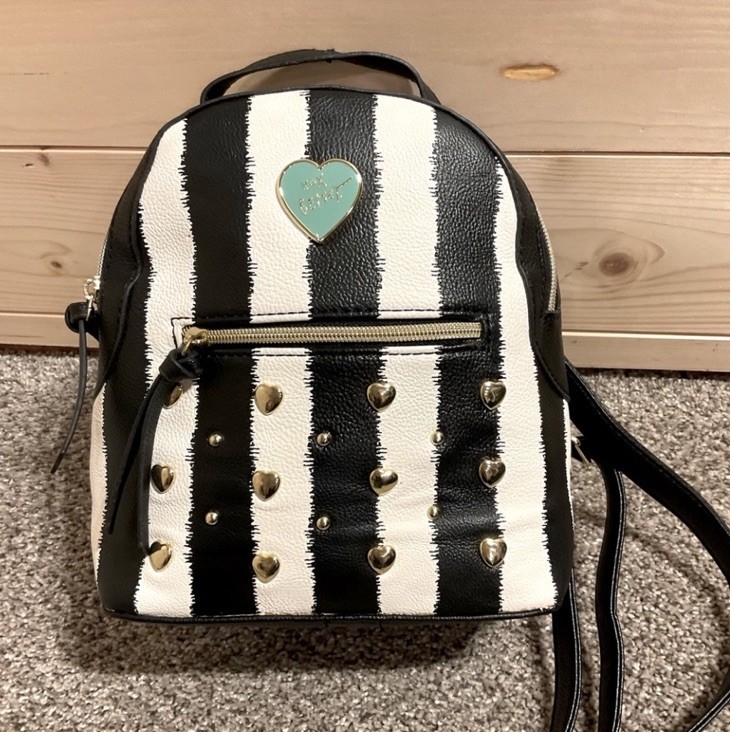 betsey johnson backpack purse Small Black & White Striped Studded