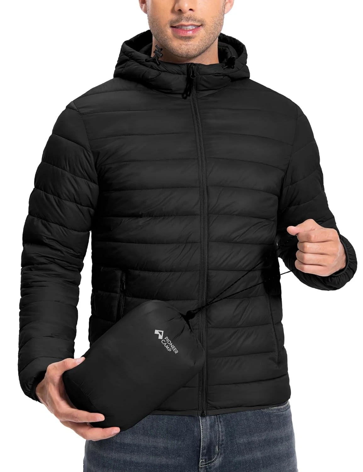 Mens Puffer Jacket Lightweight Packable Hooded Insulated Thermal Camping Jacket