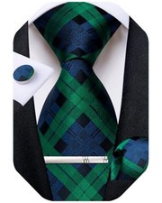 Plaid Ties for Men Silk Checkered Necktie and Pocket Square Blue and Green