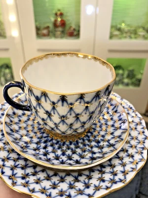 Lomonosov Porzellan Kobaltnetz Kaffee Gedeck-3 Teile - Bild 1 von 4