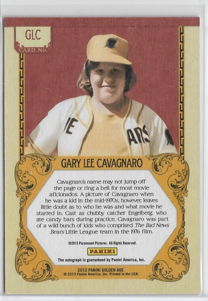 2013 Panini Golden Age Gary Lee Cavagnaro Autograph 'Engelberg' Bad News Bears - Image 2 of 2