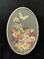 Vintage Pressed Dried Flowers In Beveled Glass In A Metal Oval Frame Hanging