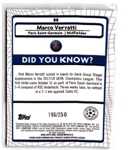 2021-22 Merlin Chrome UEFA Champions Marco Verratti #88 Atomic Refractor #/250 - Picture 2 of 2
