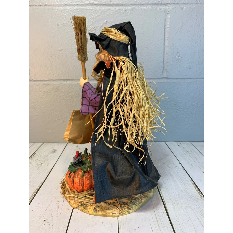 Vintage Halloween Witch Figurine with Broom, Pumpkins, & Spider Bag Decor - Image 2 of 4